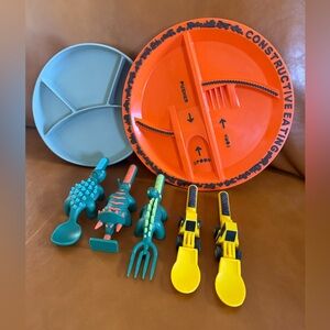 Constructive Eating Divided Plate & Dinosaur Utensil Set - Orange, Teal, Yellow